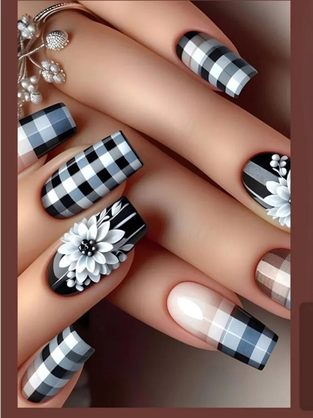 NWT 24pc Checkerboard Floral Press On Nails Medium Square False Acrylics